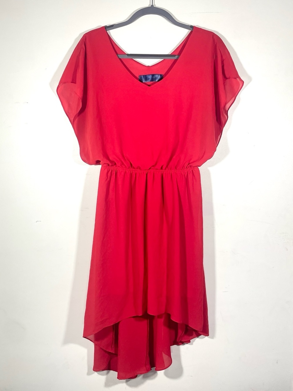 Red Chiffon High Low Dress Batwing Sleeve Elastic Waist Flowy Dress Wedding
